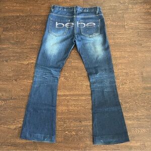 Bebe Blue Flare Bootcut Bombshell Y2K Back Rhinestone Distressed Jeans Sz 27